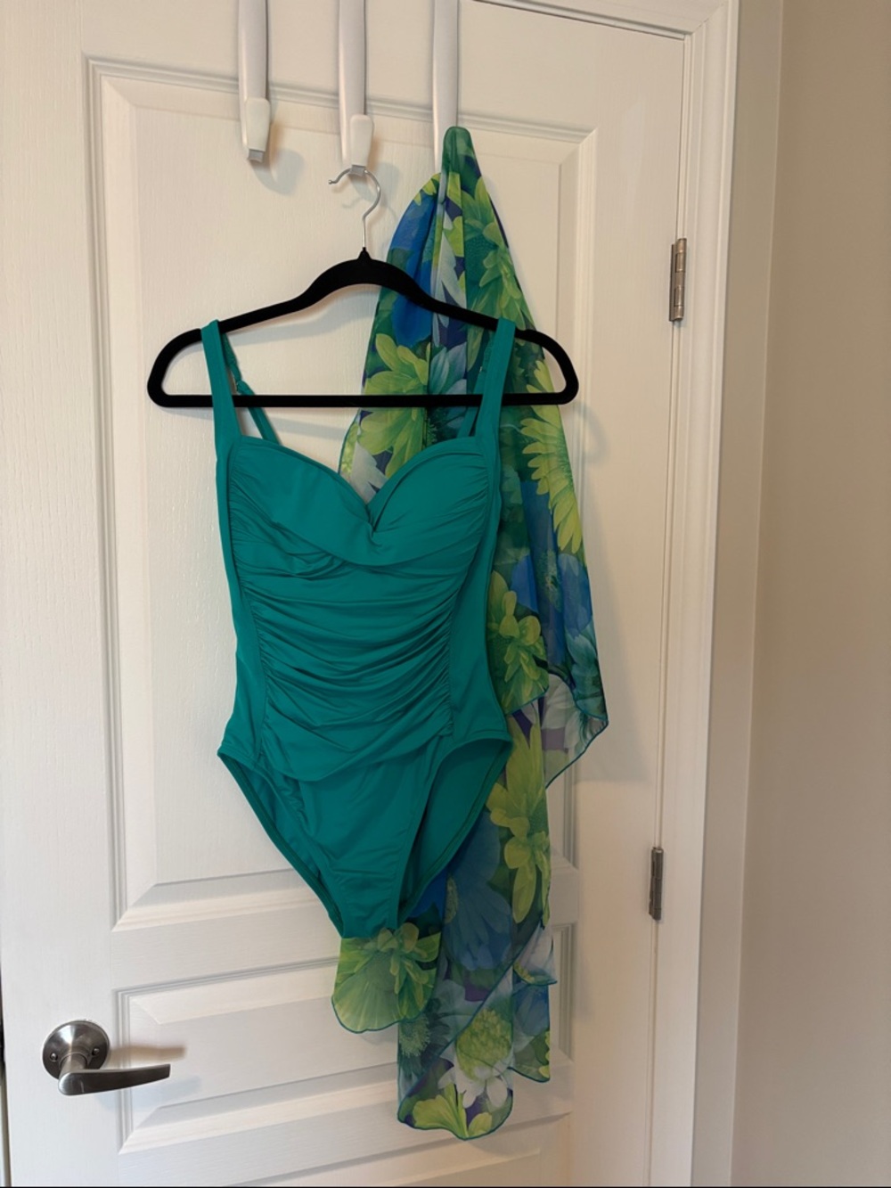 Ladies Teal Ruched One-Piece Swimsuit & Floral Sarong